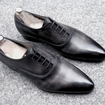 Black grey custom hand stitch lace up narrow toe office shoes mens - Thumbnail 3