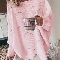 Solid Color Long-Sleeved Plus Size Knitted Sweater - Thumbnail 1