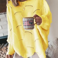 Solid Color Long-Sleeved Plus Size Knitted Sweater - Thumbnail 3