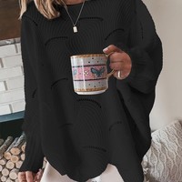 Solid Color Long-Sleeved Plus Size Knitted Sweater - Thumbnail 5
