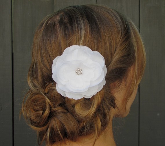 White Bridal Peony Rose Hair Comb - Rhinestone center