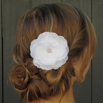 White Bridal Peony Rose Hair Comb - Rhinestone center