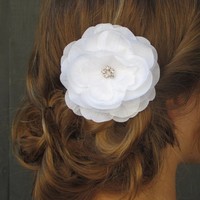 White Bridal Peony Rose Hair Comb - Rhinestone center - Thumbnail 1