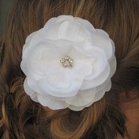 White Bridal Peony Rose Hair Comb - Rhinestone center - Thumbnail 2