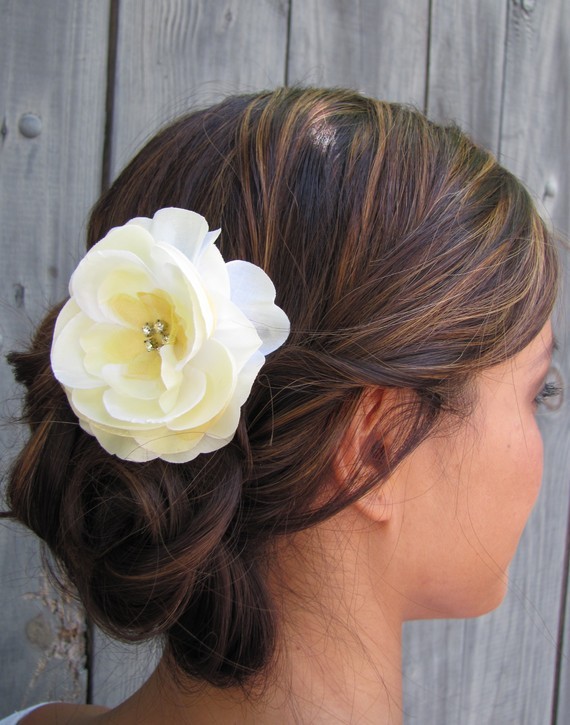 Pale Yellow Silk Rose Bridal Comb with Rhinestones