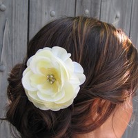 Pale Yellow Silk Rose Bridal Comb with Rhinestones - Thumbnail 2