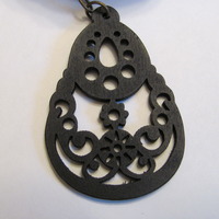 Black Tribal Filigree Wood Earrings, Chandelier Bohemian style - Thumbnail 3
