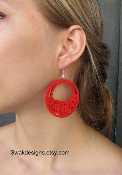 Red bohemian wooden earrings - handmade laser cut