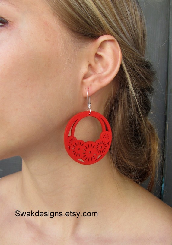 Red Bohemian Wooden Earrings - Handmade Laser Cut