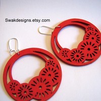 Red Bohemian Wooden Earrings - Handmade Laser Cut - Thumbnail 1