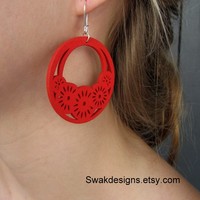 Red Bohemian Wooden Earrings - Handmade Laser Cut - Thumbnail 2