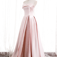 Pink satin long prom dress pink evening dress - Thumbnail 1