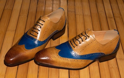 Wing Tip Two Tone Blue Brown Genuine Leather Brogue Toe Lace Up Handmade Spectator Shoes