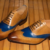 Wing Tip Two Tone Blue Brown Genuine Leather Brogue Toe Lace Up Handmade Spectator Shoes - Thumbnail 1