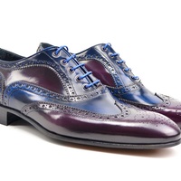 Blue Burgundy Cont Wing Tip Genuine Leather Full Brogue Handmade Lace Up Leather Spectator Shoes - Thumbnail 1