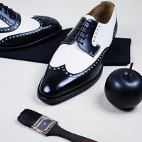 Handmade Men's Black White Color Leather shoes, Men's Wing Tip Designer Shoes - Thumbnail 4