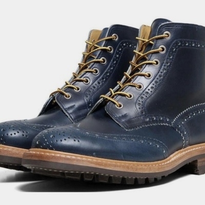 Christmas new handmade oxfords navy blue wingtip ankle high lace up rangers boot 