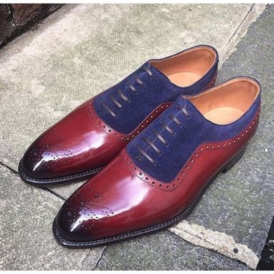 Handmade mens two tone formal shoes, brogue oxford leather dress shoes
