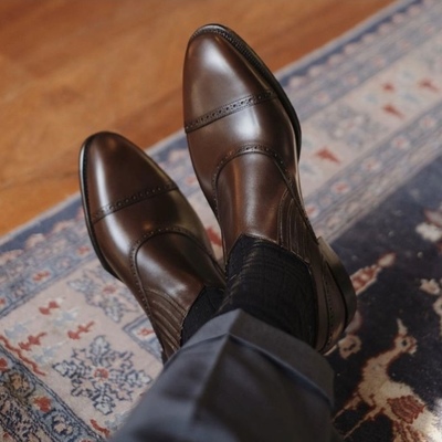 New western style dark brown cap toe christmas loafer handmade shoes for gentlemen