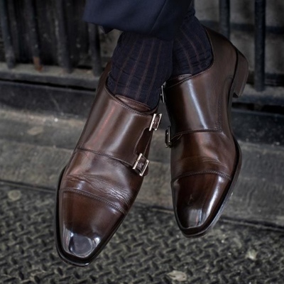 Handmade classic chocolate brown cap toe double monk strap genuine leather office shoes - Thumbnail 5