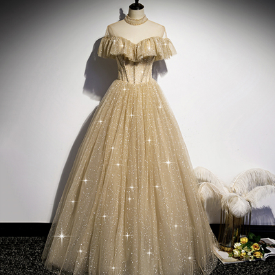 Gold tulle sequins long ball gown dress formal dress - Thumbnail 3