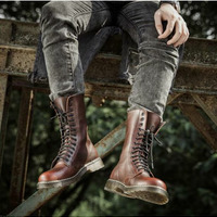 Men Handmade Brown Leather Lace up Military Boots, Combat Winter Boots - Thumbnail 1