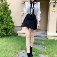 Chic Cute Black and White Bow Tie Blouse - Thumbnail 1