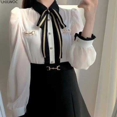 Chic cute black and white bow tie blouse