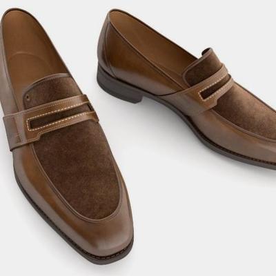 Classic hand stitch chocolate brown leather suede loafers hot christmas sale shoes