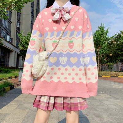 Sweet strawberry heart pullover knit sweater