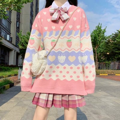 Sweet Strawberry Heart Pullover Knit Sweater
