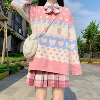 Sweet Strawberry Heart Pullover Knit Sweater - Thumbnail 1