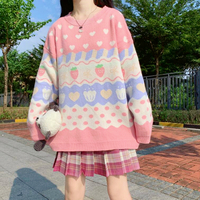 Sweet Strawberry Heart Pullover Knit Sweater - Thumbnail 2