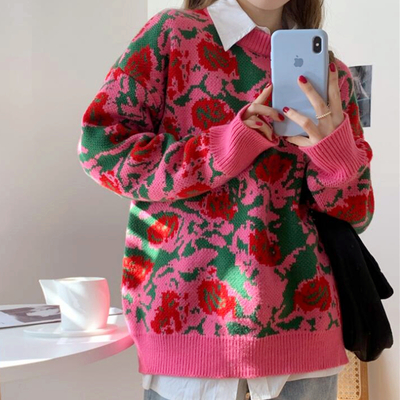 Rose flowers pullover knit sweater
