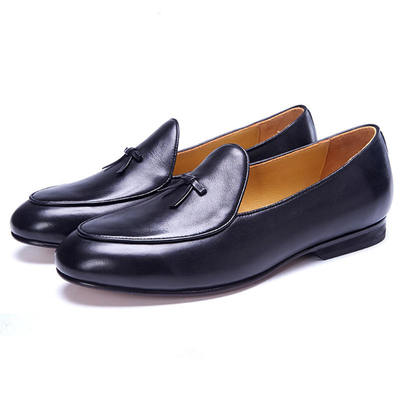 Loafer slips on men's navy blue vintage leather handmade formal shoes