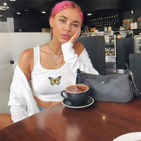 Sexy White Butterfly Embroidery Crop Top Camisole Tank Sleeveless T-shirt Tee Shirt E-Girl Kawaii Korean Japanese Harajuku Retro Streetwear Fashion - Thumbnail 3