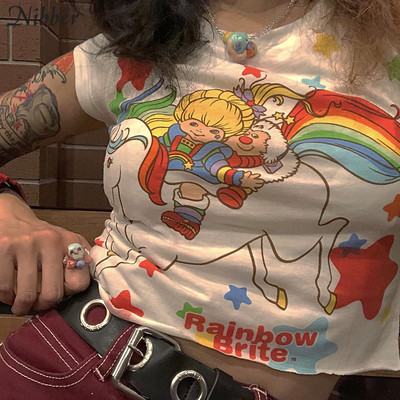 Cute Sexy White Unicorn Rainbow Cartoon Crop Top T-shirt Tee Short Sleeve Shirt E-Girl Kawaii Korean Japanese Harajuku Retro Streetwear