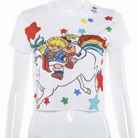 Cute Sexy White Unicorn Rainbow Cartoon Crop Top T-shirt Tee Short Sleeve Shirt E-Girl Kawaii Korean Japanese Harajuku Retro Streetwear - Thumbnail 3