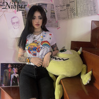 Cute Sexy White Unicorn Rainbow Cartoon Crop Top T-shirt Tee Short Sleeve Shirt E-Girl Kawaii Korean Japanese Harajuku Retro Streetwear - Thumbnail 7