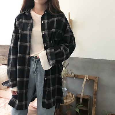Cute casual plaid flannel loose oversized long sleeve shirt top boyfriend baggy  e-girl kawaii korean japanese harajuku retro streetwear