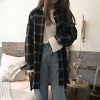 Cute Casual Plaid Flannel Loose Oversized Long Sleeve Shirt Top Boyfriend Baggy  E-Girl Kawaii Korean Japanese Harajuku Retro Streetwear - Thumbnail 3