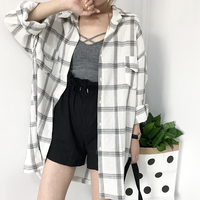 Cute Casual Plaid Flannel Loose Oversized Long Sleeve Shirt Top Boyfriend Baggy  E-Girl Kawaii Korean Japanese Harajuku Retro Streetwear - Thumbnail 7