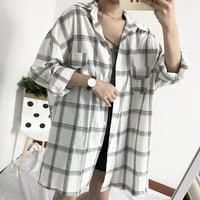 Cute Casual Plaid Flannel Loose Oversized Long Sleeve Shirt Top Boyfriend Baggy  E-Girl Kawaii Korean Japanese Harajuku Retro Streetwear - Thumbnail 8