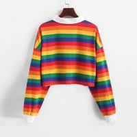 Cute 90s Rainbow Butron Crop Top Sweatshirt Sweater Oversized Hoodies Long Sleeve Shirt Top E-Girl Kawaii Korean Japanese Harajuku Retro Streetwear - Thumbnail 2