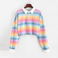 Cute 90s Rainbow Butron Crop Top Sweatshirt Sweater Oversized Hoodies Long Sleeve Shirt Top E-Girl Kawaii Korean Japanese Harajuku Retro Streetwear - Thumbnail 3