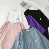 Cute Casual Cartoon Moon Sun Star Cloud Embroidery Loose T-shirt Short Sleeve Tee Shirt Top E-Girl Kawaii Korean Japanese Harajuku Retro Streetwear - Thumbnail 4