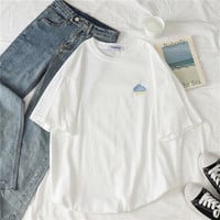 Cute Casual Cartoon Moon Sun Star Cloud Embroidery Loose T-shirt Short Sleeve Tee Shirt Top E-Girl Kawaii Korean Japanese Harajuku Retro Streetwear - Thumbnail 8