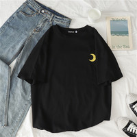 Cute Casual Cartoon Moon Sun Star Cloud Embroidery Loose T-shirt Short Sleeve Tee Shirt Top E-Girl Kawaii Korean Japanese Harajuku Retro Streetwear - Thumbnail 9