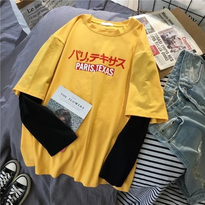 Cute Casual Yellow Vintage Letter Print Graphic T-shirt Long Sleeve Tee Shirt O-neck Pullover  E-Girl Kawaii Korean Japanese Harajuku Retro Streetwear