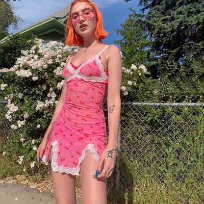 Cute Pink Cherry Lace Up Bodycon Mini Dress Fashion Party Print E-Girl Kawaii Korean Japanese Harajuku Retro Streetwear